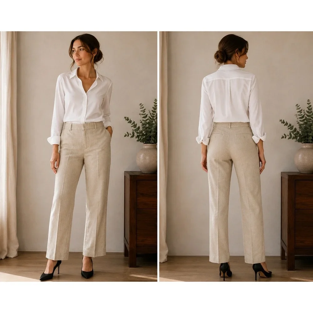 COS Linen Trousers Women 48 Beige Straight Leg Lined Pants Office Preppy Minimal